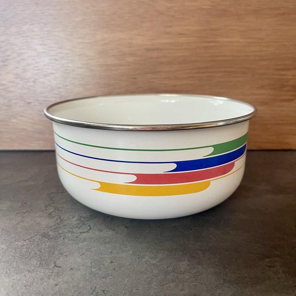 Vintage 80s Studio Nova Hi Fi Enamel Bowl Retro Stripes Groovy Colorful 5.5 Cups